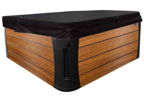 hot tub with oak cabinet and black Marquis Spas spa cover