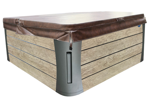 hot tub with lime cabinet and brown Marquis Spas spa cover