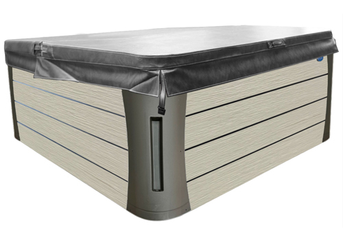 hot tub with mist cabinet and grey Marquis Spas spa cover